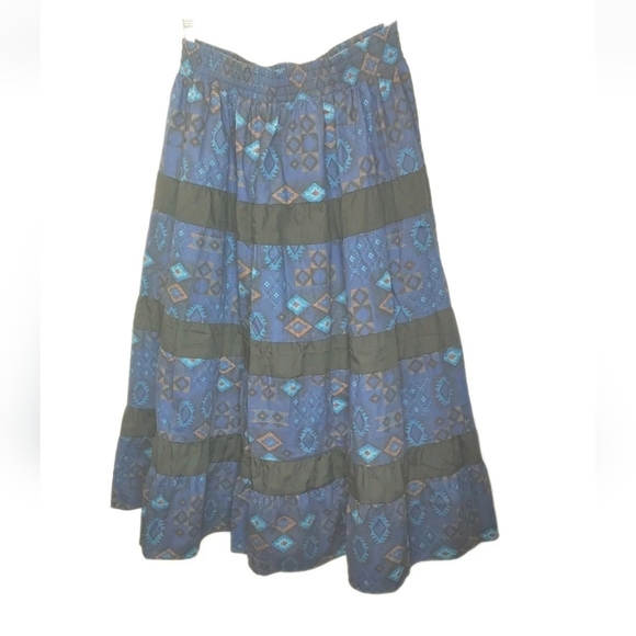Vtg Square Up Tiered Maxi Skirt Large Blue Geometric Aztec Tribal Southwestern - Picture 1 of 11